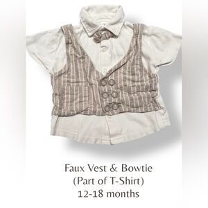 EUC Toddler Faux Vest & Bowtie Shirt w. Button Snaps; Tan & White (12-18 mos)